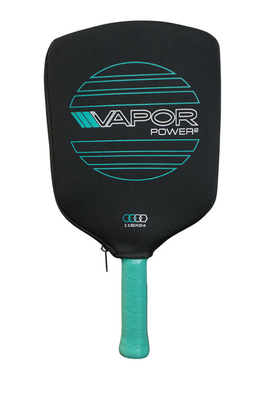 Black pickleball paddle with teal VAPOR POWER2 graphic and teal grip handle