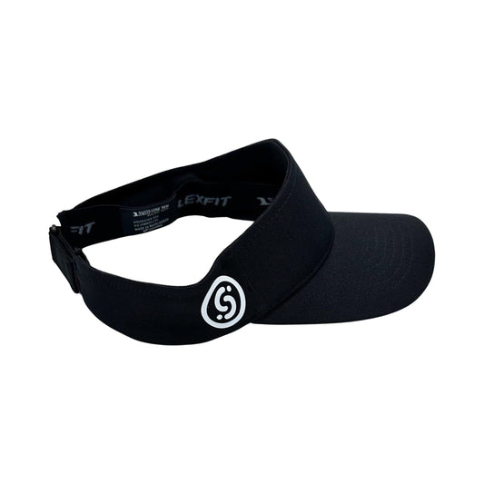 Black visor with side emblem and adjustable strap