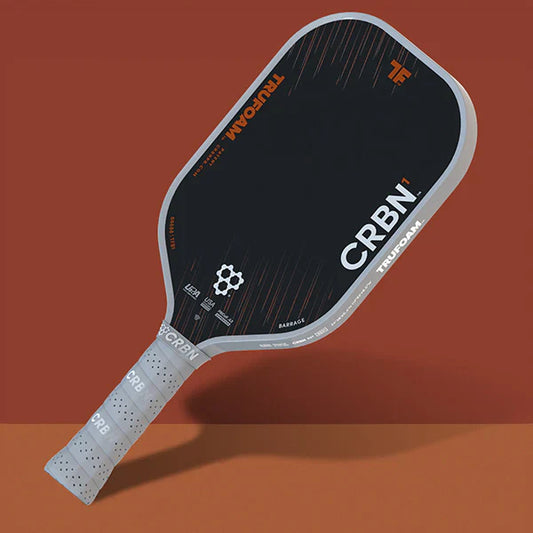 Elongated CRBN pickleball paddle, black face with white edge and textured grip