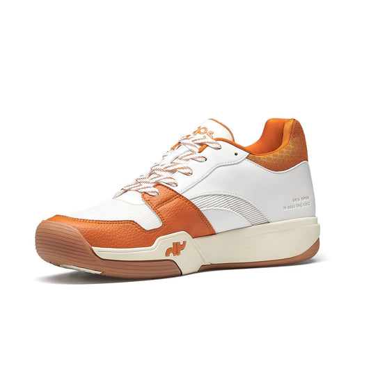 White and burnt-orange mid pickleball sneaker with curved side stripe and laces