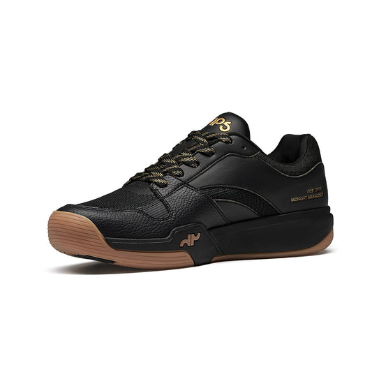 Women's black low-top pickleball shoes, side view with padded collar and gum sole