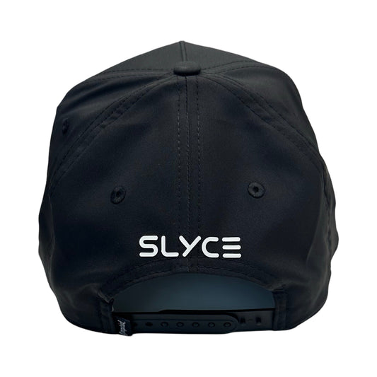 Black baseball cap with SLYCE logo and snapback strap