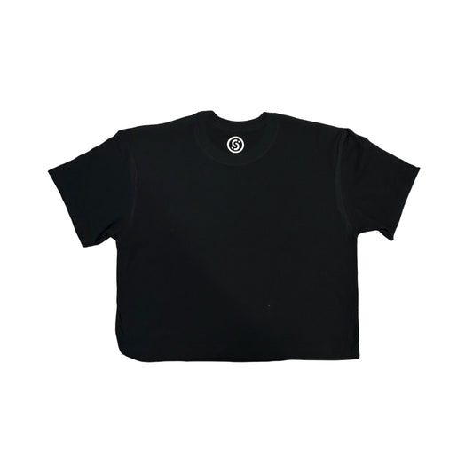 Black cropped ladies tee with circular logo at neckline