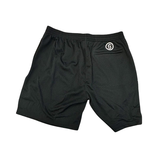 Black mesh practice shorts with elastic waistband and front S logo patch