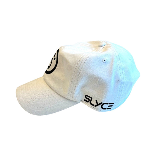 Slyce cap in off-white fabric with side Slyce text and black swirl logo