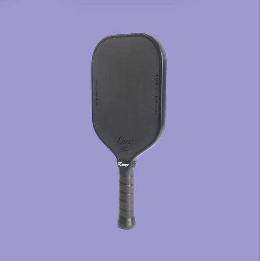 Dark gray/black pickleball paddle shown from front with short textured handle