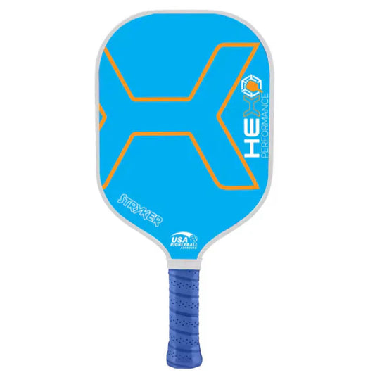 Blue Hex Pro pickleball paddle front view with orange logo and textured handle