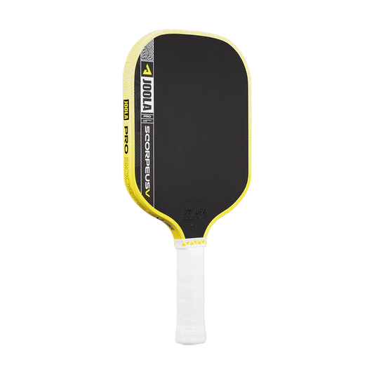 Pickleball paddle shown from side: dark face with yellow edge and white grip