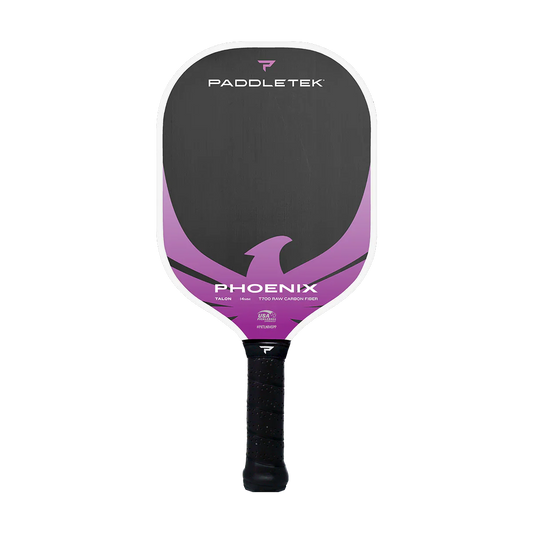 Pickleball paddle front view: black hitting surface with purple Phoenix logo, black handle