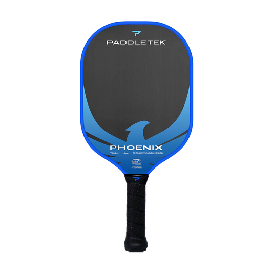 Pickleball paddle front view, dark face with blue edge and brand graphics, black grip