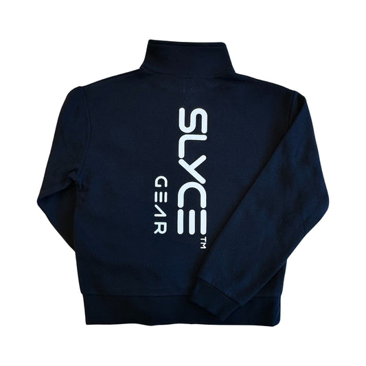 Women’s dark quarter-zip pullover with vertical back logo print