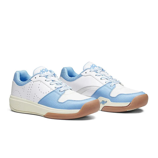 Pair of light blue and white low-top pickleball shoes with lace-up and side overlays