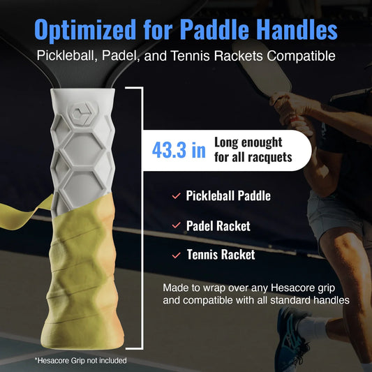 Yellow paddle overgrip wrapped on a racket handle, shown as a vertical sleeve