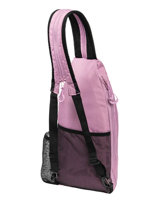 Selkirk pink sling bag with adjustable crossbody strap and mesh side pocket