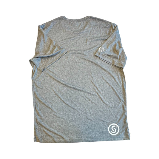 Gray heather T-shirt with © swirl logo on back and sleeve pocket
