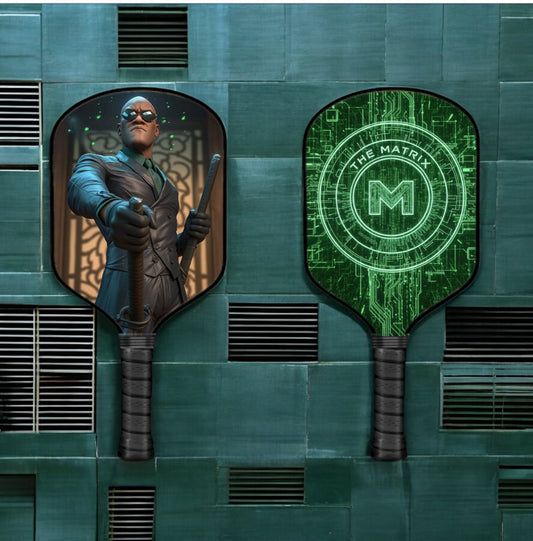 Pickleball paddle with black handle and green Matrix circular face design