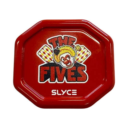 Red pickleball paddle performance enhancer cap with The Fives logo and SLyce text.