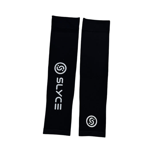 Black compression arm sleeves with Syk logo and circular emblem, set of two.