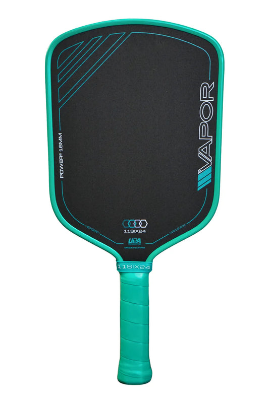 Teal and black pickleball paddle with VAPOR POWER2 graphic and grip handle