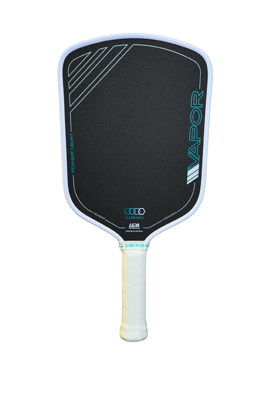 White-edged black pickleball paddle with Vapor Power logo on face