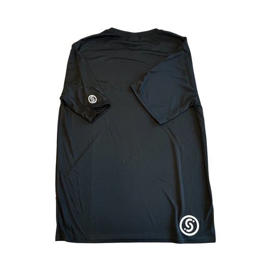 Black long-sleeve tee with back circular S emblem patches on shoulders and hem