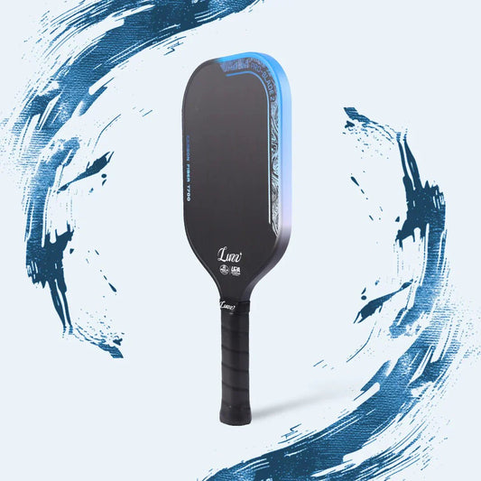 Luzz limited edition pickleball paddle, black face with blue trim, side view, black handle