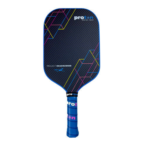 Blue-edged black Proton pickleball paddle with neon geometric lines and carbon texture