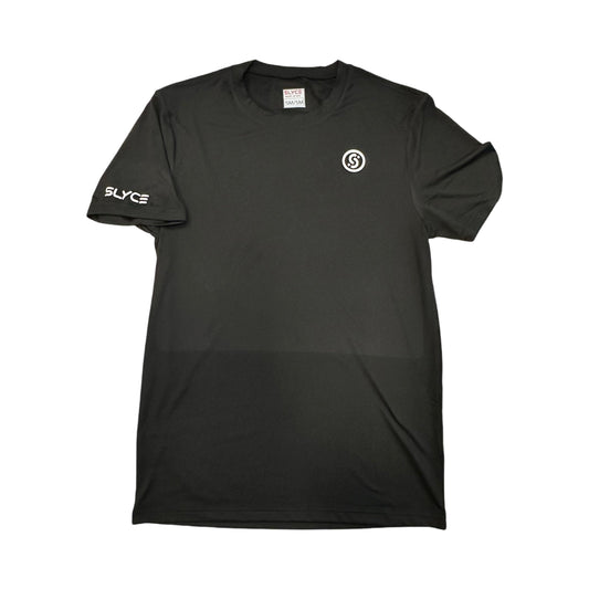 Black performance t-shirt with SLYCE logo at chest and circular emblem on front