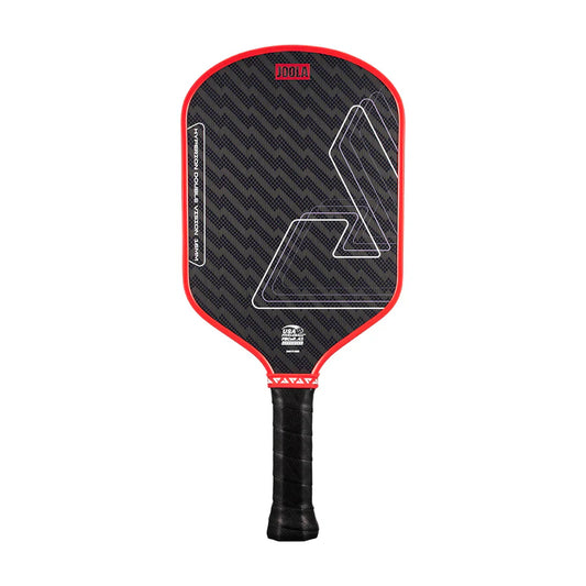 Red and black pickleball paddle with textured face and black grip