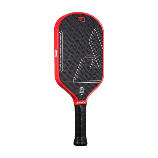 Black pickleball paddle with red border, textured face, and black grip