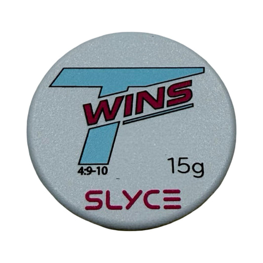 Round paddle handle weight coin, gray with 15g marking and Twins/SLYCE logos