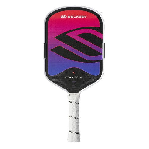 Selkirk OMNI pickleball paddle front view, red top and purple-blue bottom with black graphic
