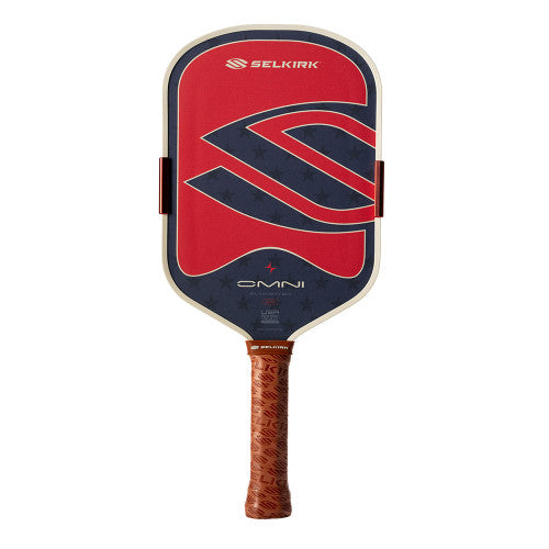 Selkirk OMNI elongated pickleball paddle, red and navy face with OMNI logo