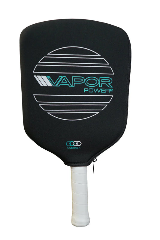 Black pickleball paddle with Vapor Power face graphic and white grip