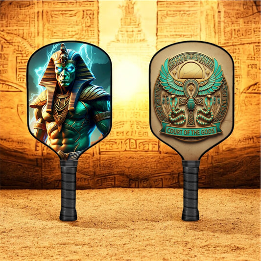 Pickleball paddle with dark teal Egyptian Geb graphic on round face and black grip