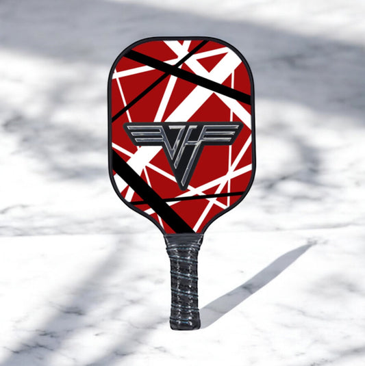Red and black pickleball paddle with stylized EVH logo face and black grip