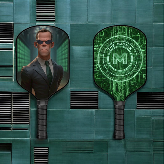 Pickleball paddle with Agent Smith portrait and green Matrix circuit design