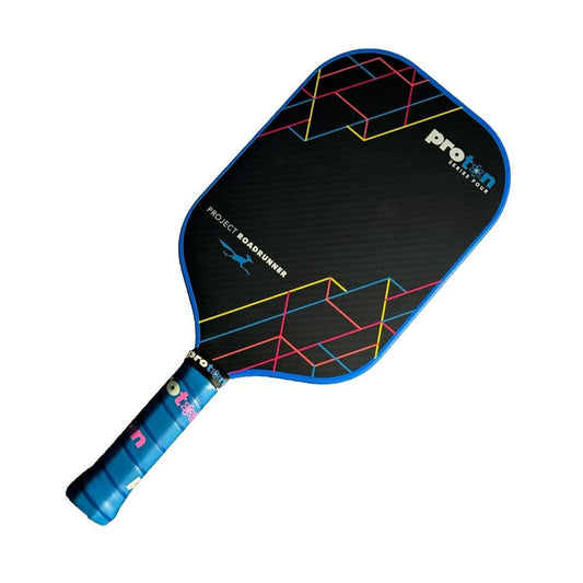 Black Proton pickleball paddle with blue grip and neon line graphics, angled view