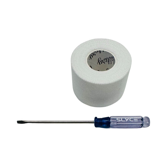Gray foam roller and blue-handled screwdriver for cap installation kit
