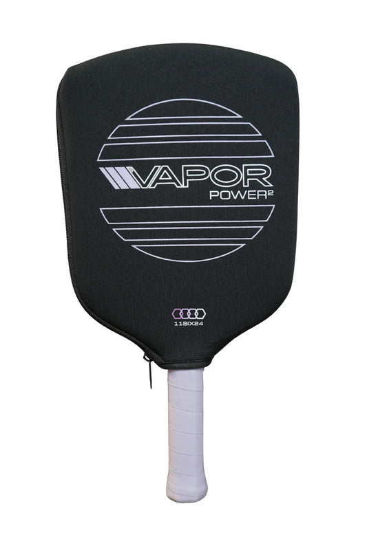 Black pickleball paddle with VAPOR Power logo, lavender handle and bottom loop