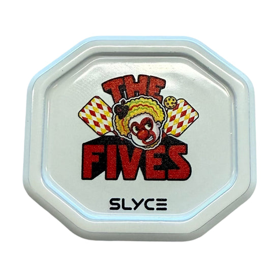 White and light-blue SpeedCap container with The Fives logo and SLYCE text