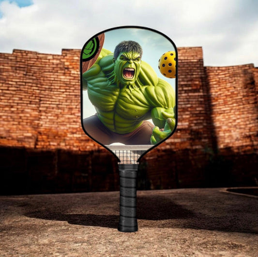 Pickleball paddle with Hulk graphic face and black textured handle