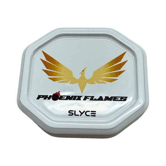 White paddle performance enhancer cap with gold phoenix flames logo, octagon shape