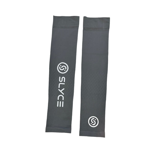 Grey compression arm sleeves with Syk logo and circular emblem, set of two.
