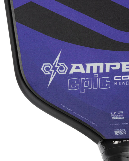 Purple pickleball paddle face with black edge and AMPED Epic logo detail