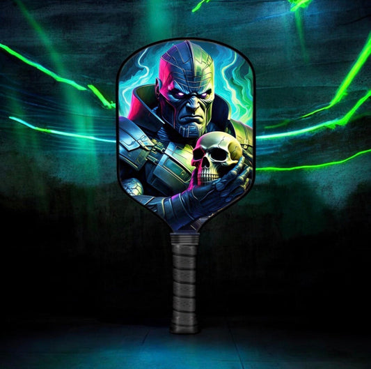 Black pickleball paddle with colorful superhero graphic on round face and textured grip