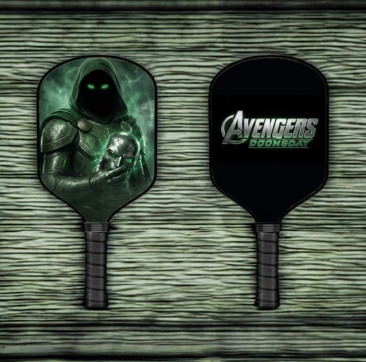 Neon green Doctor Doom pickleball paddle face, dark back and grip
