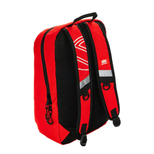Red and black pickleball day bag backpack with two side mesh panels and shoulder straps