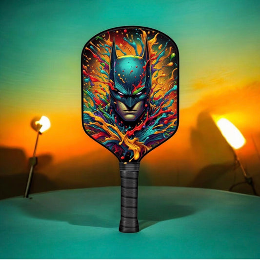 Pickleball paddle with Batman splash artwork and black textured handle