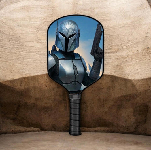 Bo-Katan-themed pickleball paddle with black grip and character face graphic